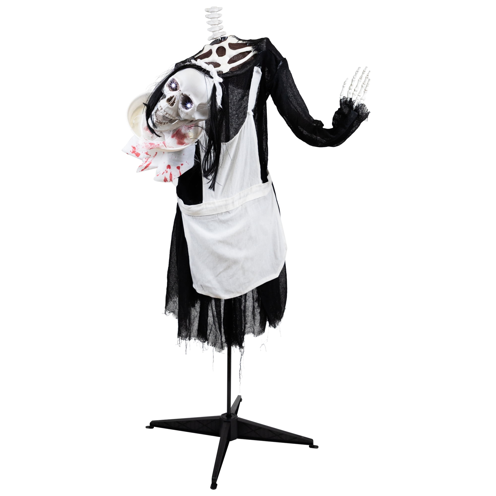 57" Animated LED Lighted Head-in-Hand Skeleton Maid Halloween Decoration