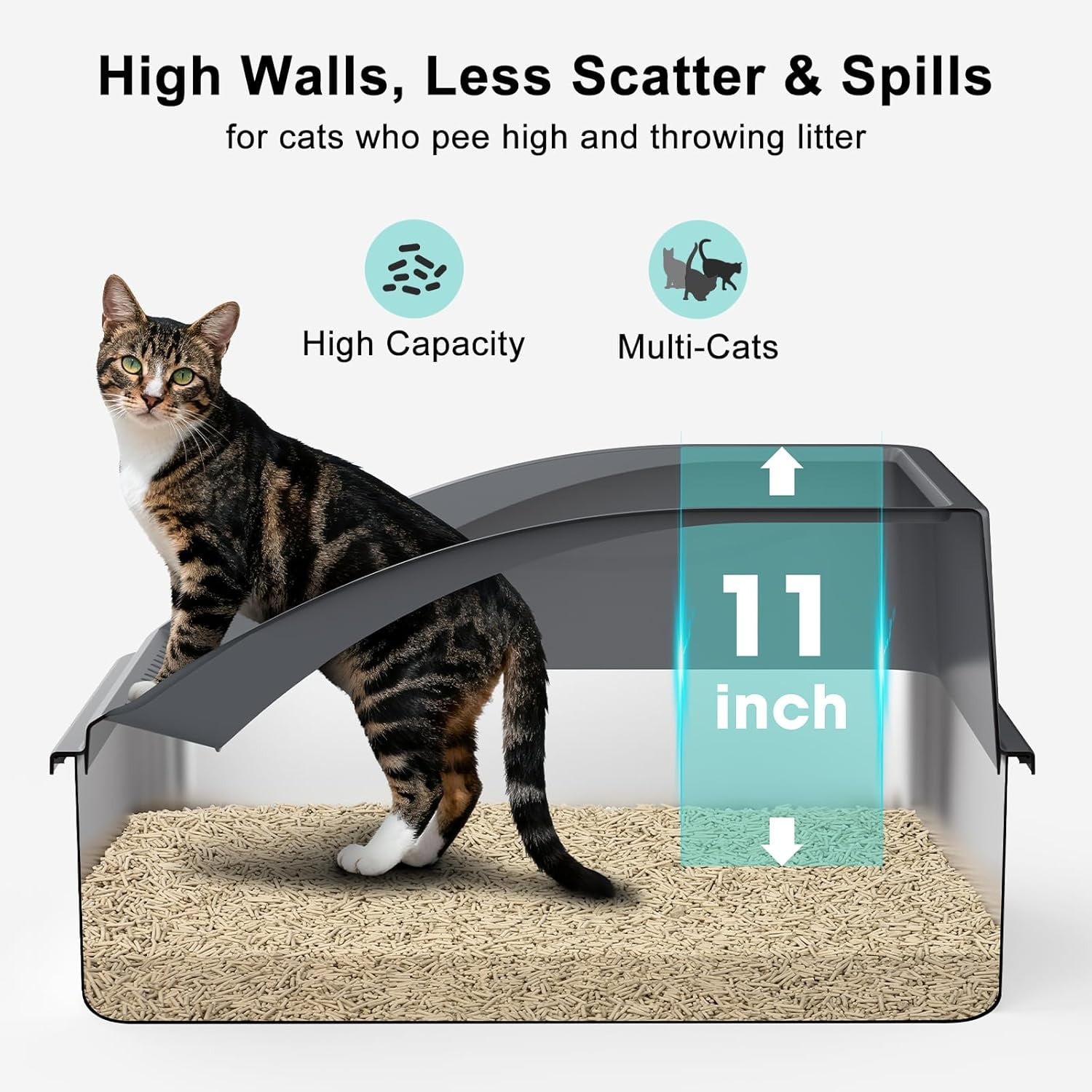 High Sided, Anti-Urine Leakage Stainless Steel Litter Box, XL Enclosed Cat Litter Boxes with Lid for Big Cats, Non-Stick Bottom, Includes Litter Mat & Metal Scoop