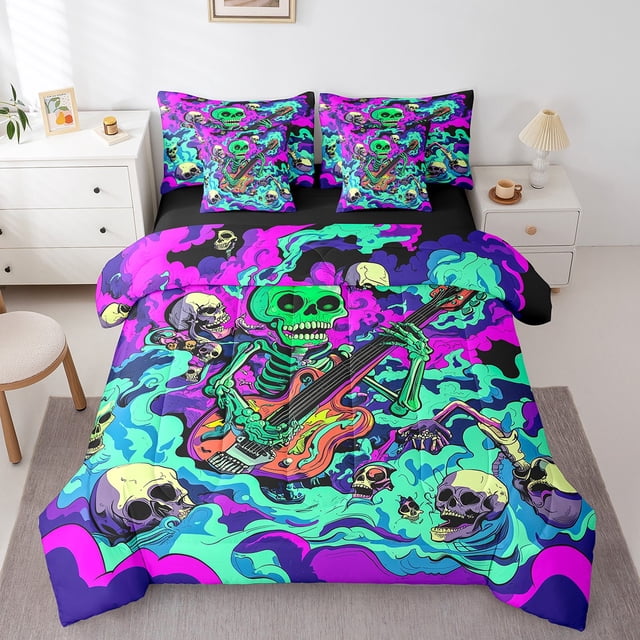 Erosebridal Rock and Roll Bedding Sets Full Size, Skull Skeleton Bed Set, Gothic Musical Room Decor, Reversible 7 Pieces