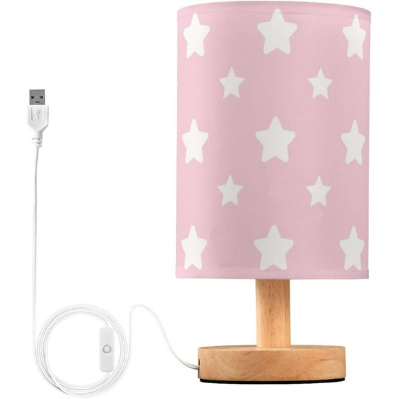 ERDS-Table Lamp Pastel Pink Pattern with Star Nightstand Lamp with Wood Base Fabric Lamp Shade Bedside Desk Lamp for Living Room Bedroom Kids Room Office