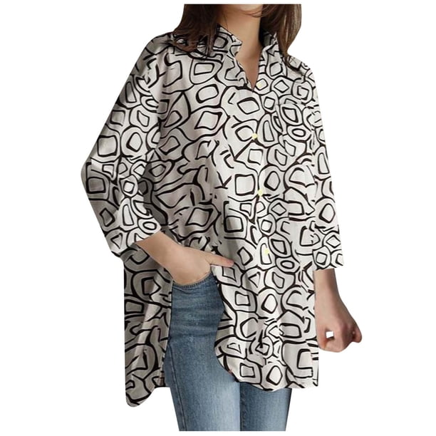 Camisa irregular holgada de manga larga informal para mujer, camisa de lino y algodón de Color sólido, Top de solapa/camisa Pompotops FGAJ21381