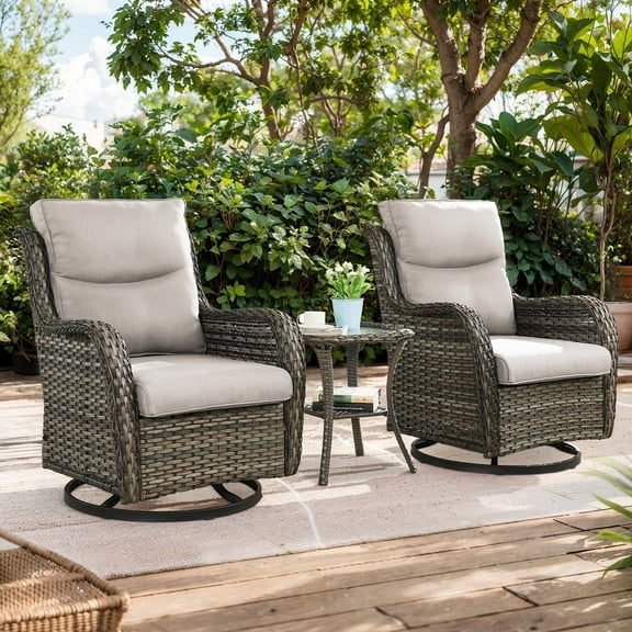 PARKWELL 3-Piece Patio Wicker Chairs Swivel Rocker Set,Outdoor High Back Swivel Glider Rocking Lounge Chairs with Side Table for Patio Deck Garden,Gray/Beige