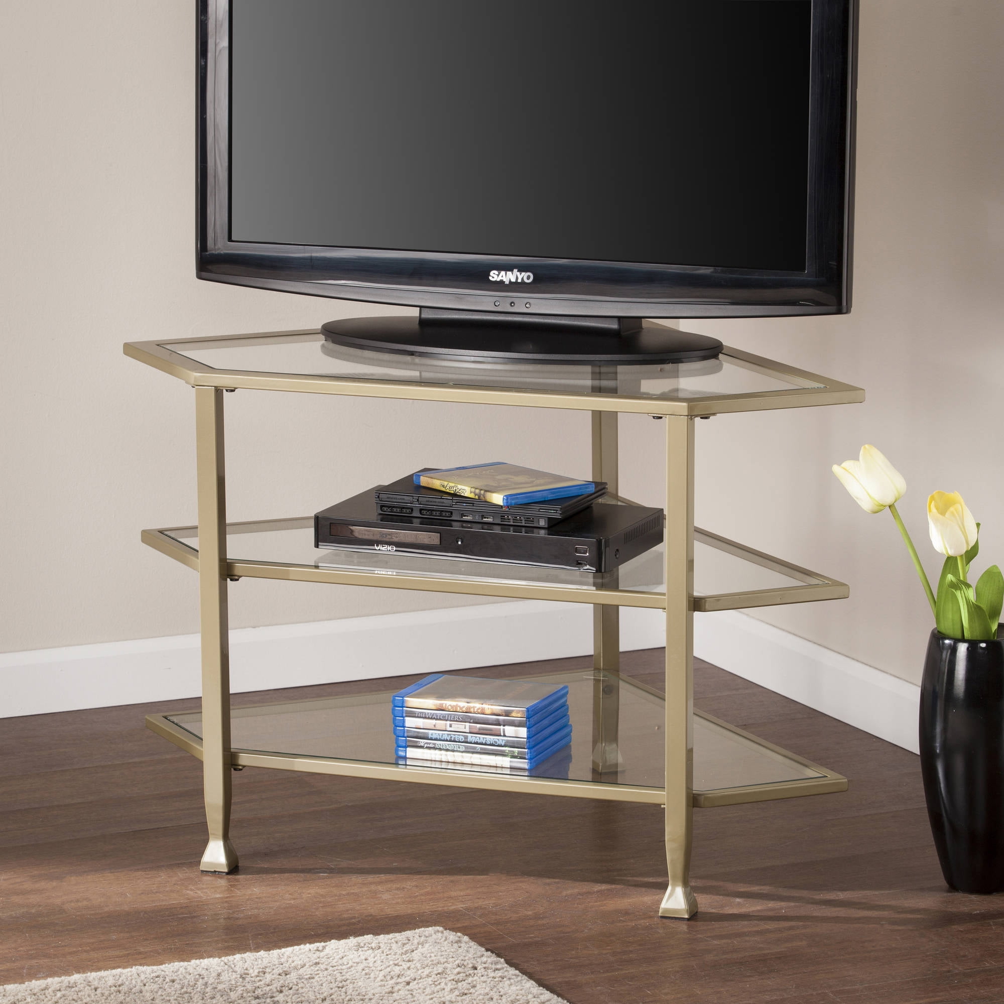Southern Enterprises Jumpluff Metal/Glass Corner TV Stand, Matte Khaki