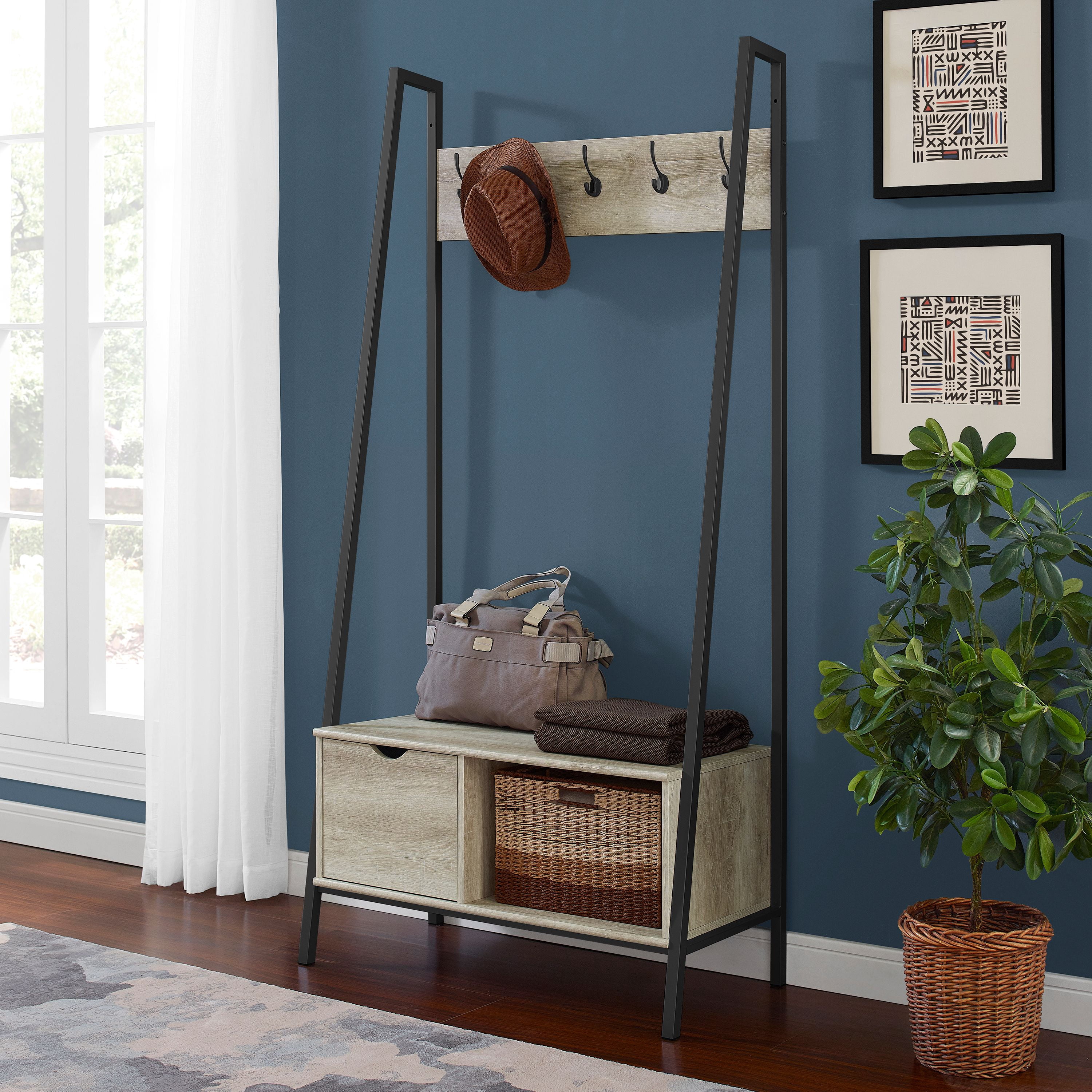 Manor Park Urban Hall Tree with Coat Rack and Bench, White Oak