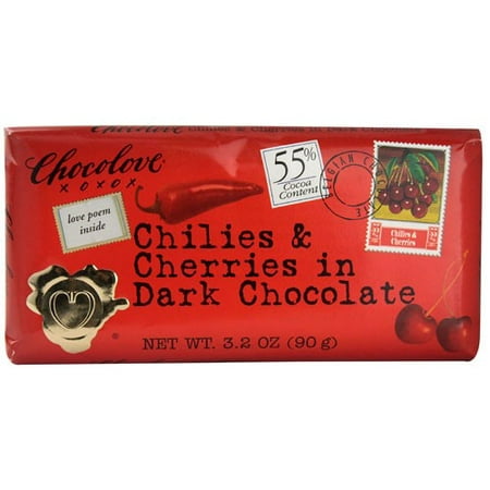 (4 Pack) Chocolove Dark Chocolate Bar Chilies & Cherries 3.2 oz