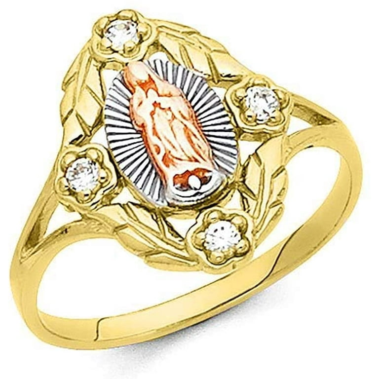  Savlano 18K Gold Plated White Yellow & Rose Three Color Lady of  Guadalupe Virgin Mary With Round Cut Cubic Zirconia Women's Girl's  Religious Ring (5): Clothing, Shoes & Jewelry