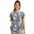 thumbnail image 4 of Scrubs Top Women，Easter Scrub Tops Women Plus Size Bunny Egg Hunt Print Short Sleeve V Neck Stretchy Holiday Nurse Working Uniform，Navy，L, 4 of 4
