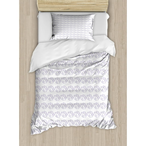 Bird Duvet Cover Set Twin Size, Repetitive Outline Drawings of Ornamental Flying Creatures on a Plain Background, Decorative 2 Piece Bedding Set with 1 Pillow Sham, Lavender White, by Ambesonne