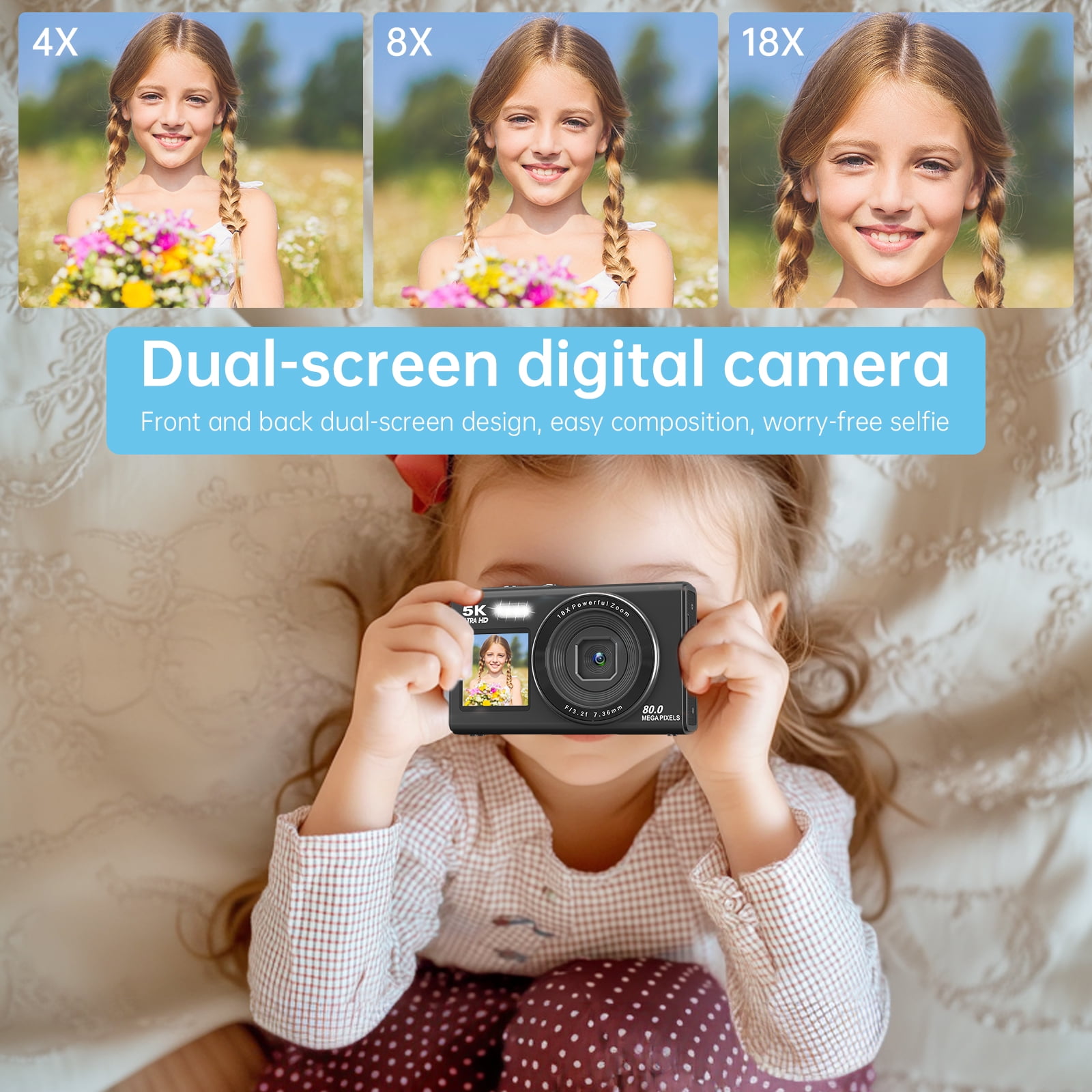 XLURC 5K 80MP Digital Camera for Photography Wifi Dual Screen Vlogging Camera for Youtube Autofocus Travel Camera 18X Digital Zoom with 32GB Card & 2x Battery (Black)