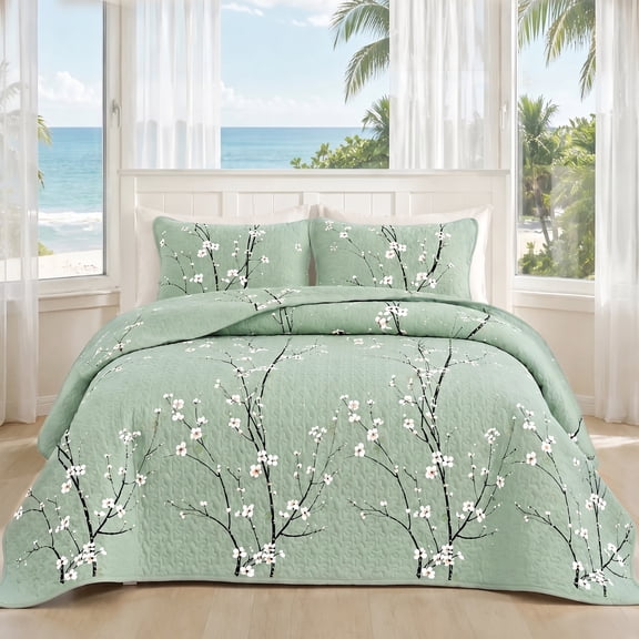 2/3PCS Printed Quilted Bedspread Set - Includes 1 Bed Cover 1/2 Pillowcases, Pink Plum Blossom Print, Anti-Shift Quilting Technology(Green,Twin)