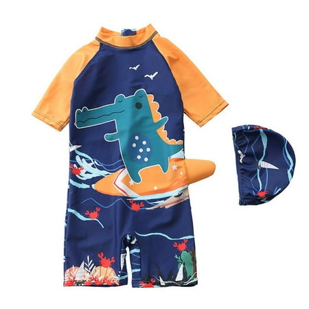 

Esho Little Boys One Piece Swimsuit Baby Cute Cartoon Dinosaur Bathing Suit with Swim Cap 1-7Y