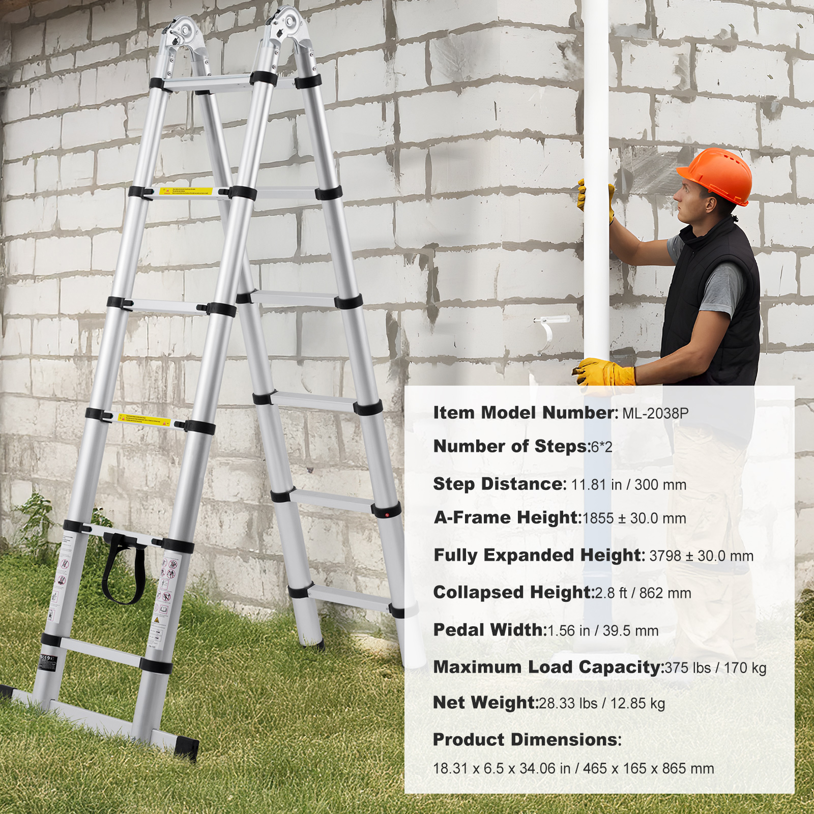 KFFKFF 12.5ft A-Frame Telescoping Ladder with 375lb Capacity photo 7