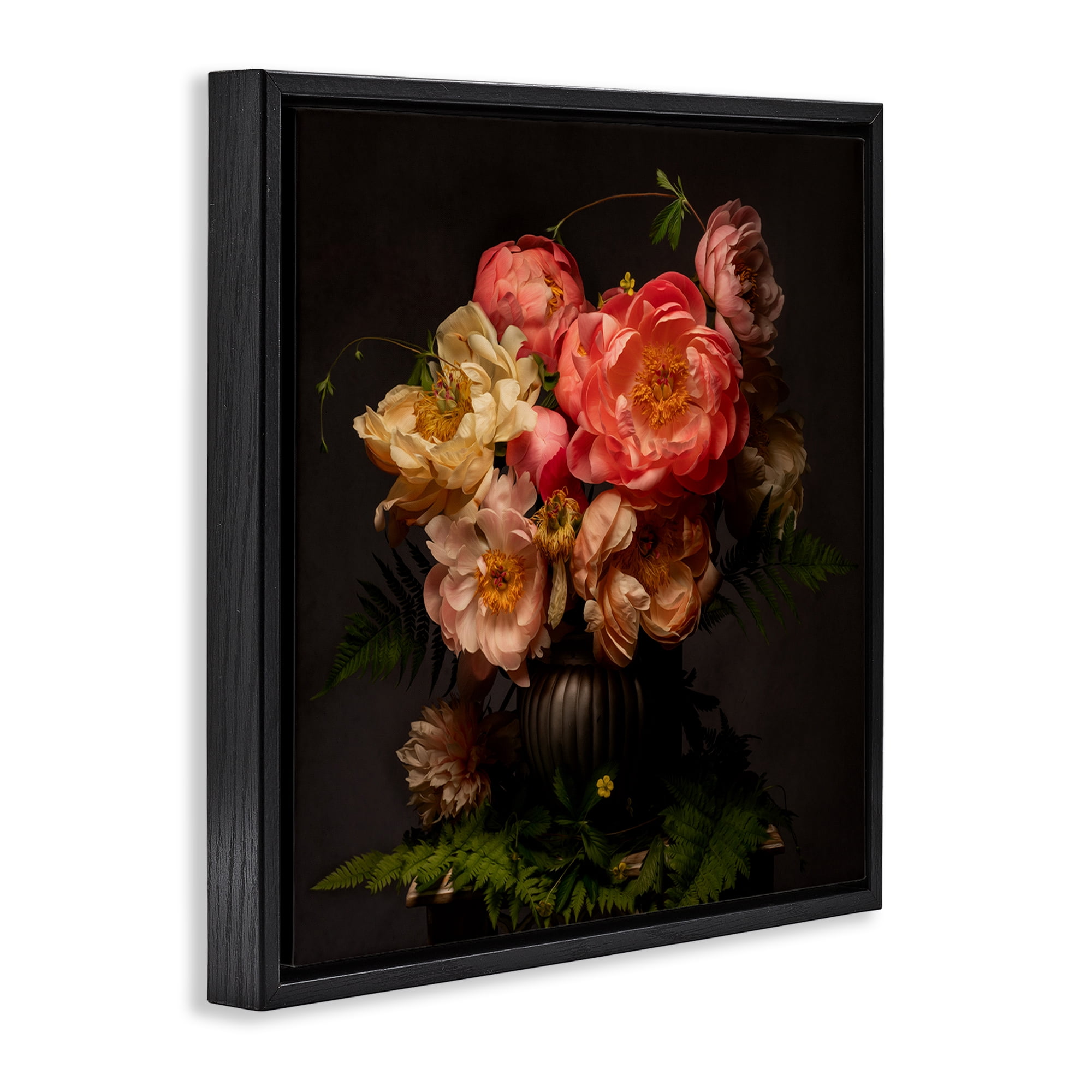 Stupell Industries Peonies & Ferns Bouquet Plants & Flowers Photography Black Floater Framed Canvas Art Print Wall Art, 25 x 25