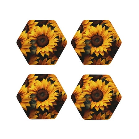 

KLL Drink Coasters Set Hexagon of 4 PU Leather Absorbent Coasters Set Decorative Coffee Cup Coasters Housewarming Gift for Home Decor-Vibrant Sunflower Blooms