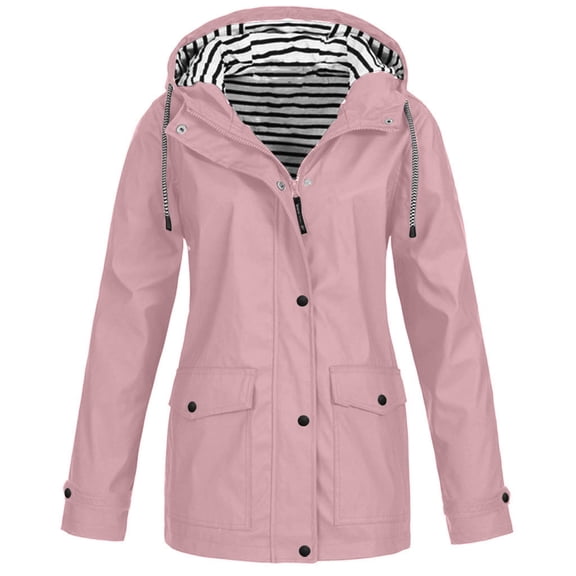 Buigttklop Women Casaul Solid Jackets Outdoor Plus Size Drawstring Zipper Hooded Raincoat Windproof Tops Coat with Pocket