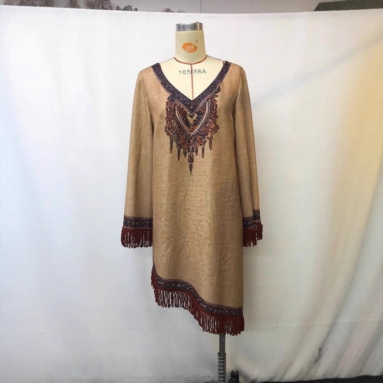 MORTTIC Women's Western Boho V-Neck Long Sleeve Fringe Hem & Asymmetrical  Midaxi Dress for Spring/Summer BrownL - Walmart.com