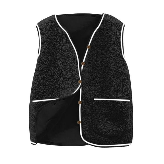 aohooy Vest for Women Lightweight Plus Size Faux Shearling Button Sherpa Vests Winter Fleece Sleeveless Teddy Coat Gilet with Pockets Black,XXXXL