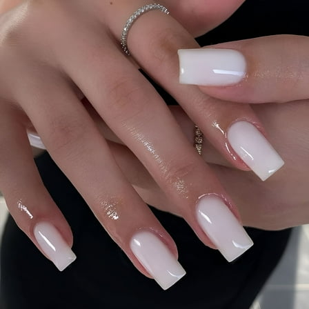 RAGUPEL Medium Long Press On Nails Coffin Nails Press Ons, Gloss All White Colored Long Fake Nails For Women Girls, Solid Thick Gel Square Tip Nails Acrylic False Nails Set, 24 Pcs