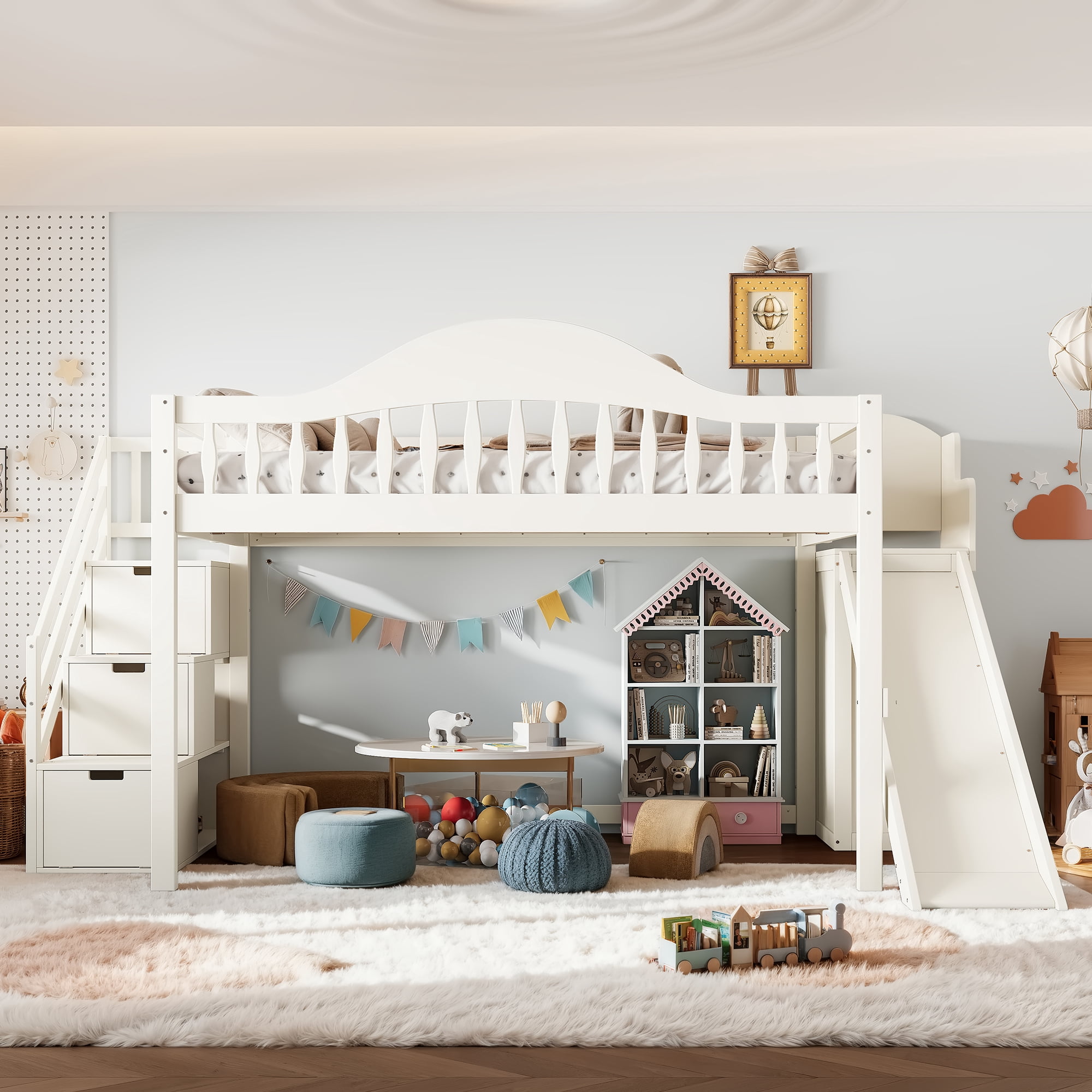Leumius Full Size Loft Bed with Storage Stairs, Slide & Built-in Wardrobe,Soild Wood Loft Bed Frame with High Guardrail,Beige