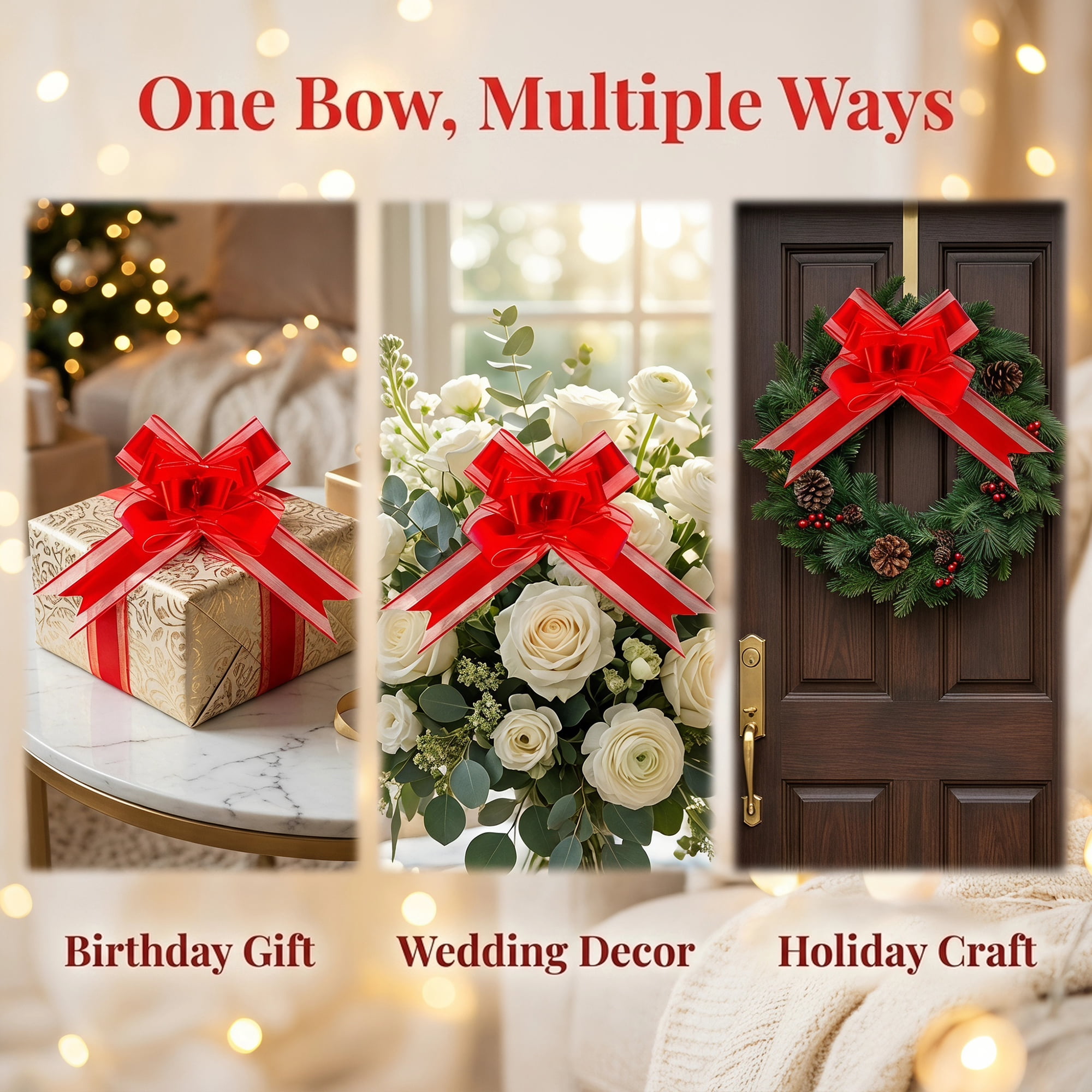 Unique Bargains Elegant Smooth Instant Pull String Flower Bows for Gift Wrapping Red