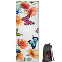 White Butterfly Flower Field Pattern Hot Yoga Mat Towel Non Slip for Hot Yoga - Quick-Drying Yoga Mat Cover with 4 Corner Pockets with Travel Bag - Hot Yoga Towel Non Slip 70"x26"