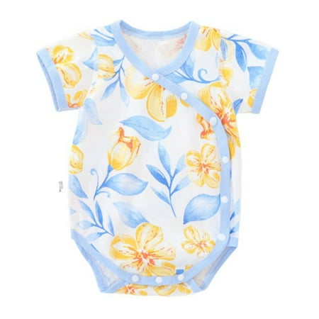 Zwiiyzr 0-2T Unisex Cotton Cute Infant Romper One-Piece Baby Bodysuit Newborn Button Front Short Sleeve Infant Neutral Outfits Blue