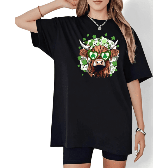 St Patricks Day Highland Cow Print Tshirt Graphic Tees Black Shirts S-5XL Womens Shamrock Sunglasses Irish Holiday Tops