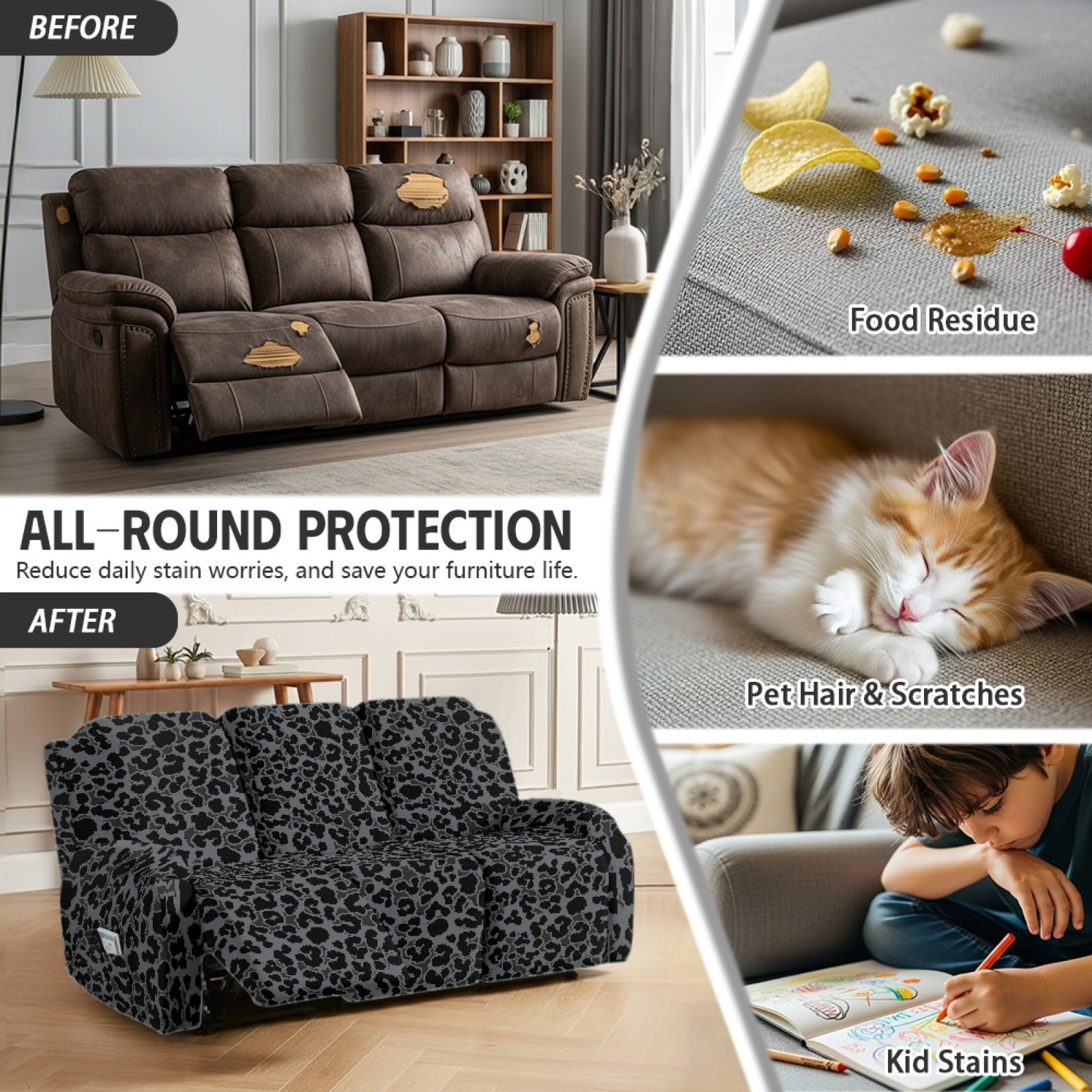 COEQINE Black Leopard Print Recliner Couch Cover Breathable 3 Seater Reclining Chair Slipcover 8 Pieces Non-Slip Recliner Sofa Cover with Pocket and Elastic Bottom for Dogs, Kids