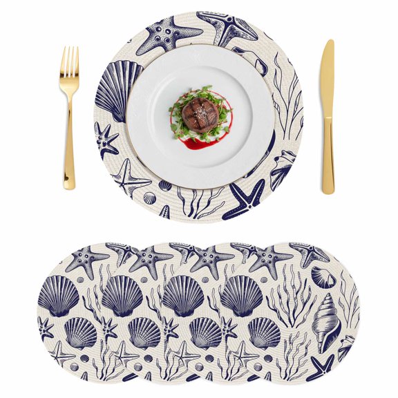Navy Blue Coastal Round 15 Inch Placemats Set of 4, Summer Beach Ocean Coral Shell Rustic HeatResistant Non Slip Place Mats for Dining Table, Wipeable Braided Kitchen Table Mats for Housewarming