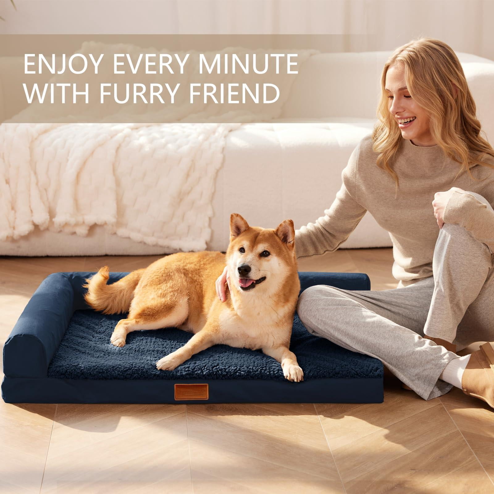 Orthopedic Dog Bed Medium Size 30x20x3.5 Inch Navy Blue, Waterproof L Bolster Pet Sofa