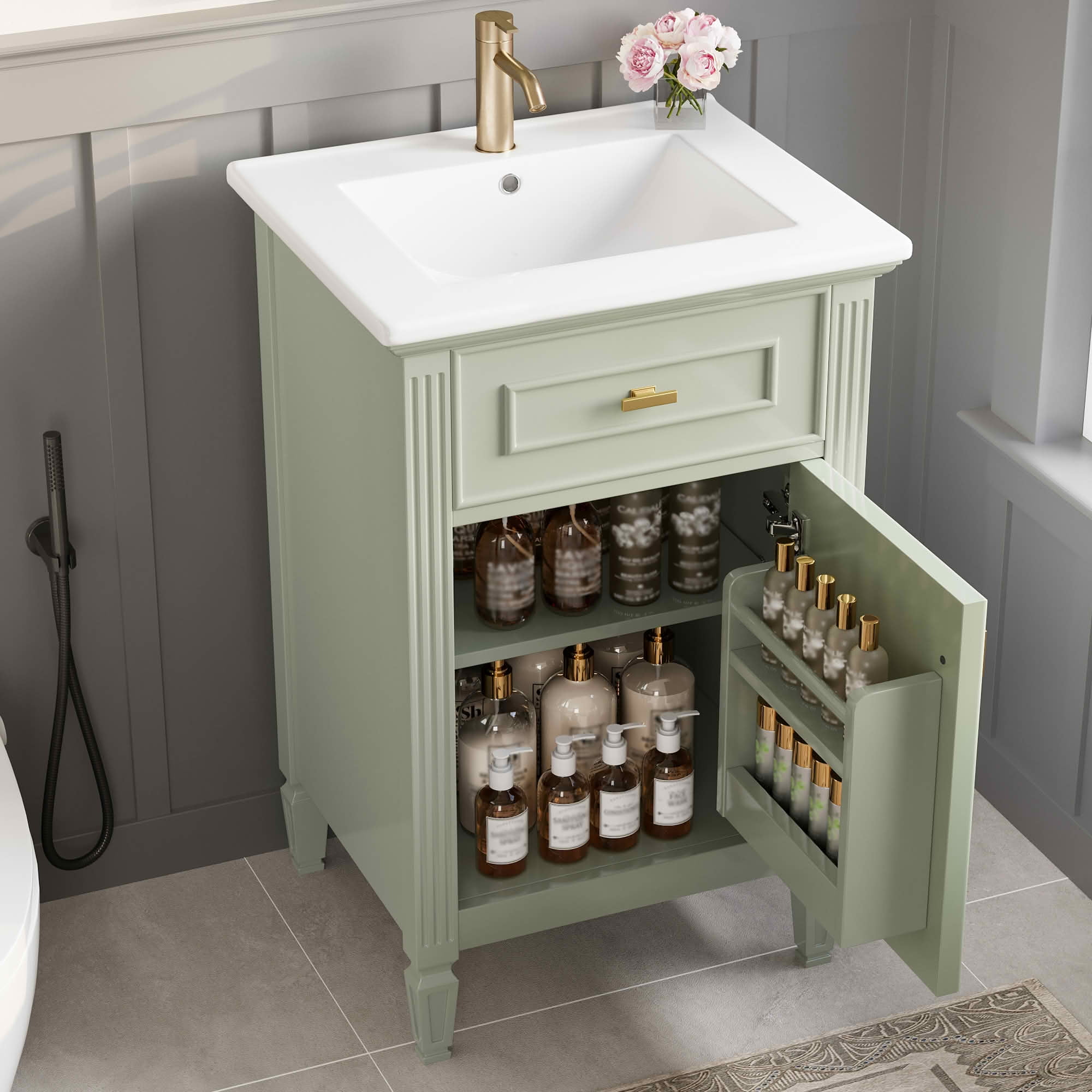 MAYEERTY 20-Inch Bathroom Vanity with Sink, Solid Wood Legs Adjustable Shelf Tilt-Out Drawer Zinc Alloy Knobs, Modern Freestanding Small Bathroom, Green