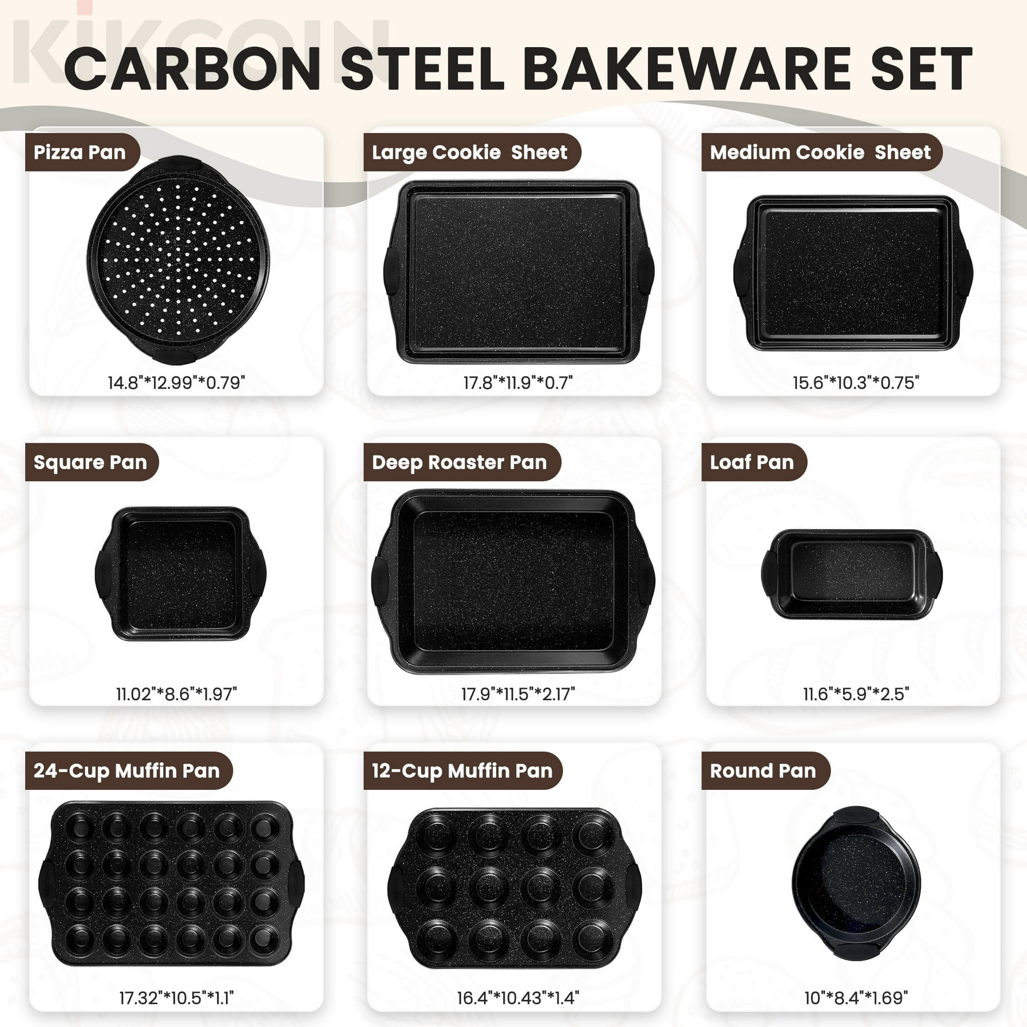 Kikcoin Bakeware Set, Carbon Steel Baking Pans Set, Baking Sheet Pans for Kitchen with Silicone Handles, Nonstick Cookie Sheets