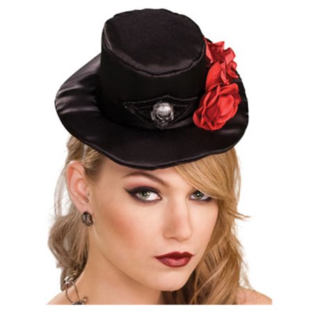 Women's Black Mini Top Hat With Skull Pendant and Roses