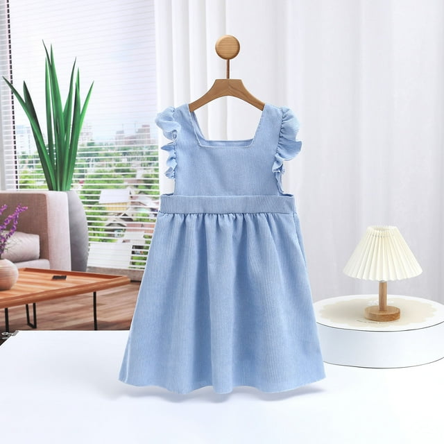 MKOSPLRT Robes d'Été pour Fille Tout-Petit Manches à Volants Col Carré Robe en Velours Côtelé Robe Débardeur Plissée Unie Robe de Fête d'Anniversaire Mignonne