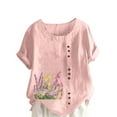 thumbnail image 1 of Pisexur Hauts en Coton et Lin Grande Taille pour Femmes, Décontractés, Été, Boho, Mode, Coupe Ample, Col Rond, Manches Courtes, T-Shirts Floraux pour Femmes P-5TG Rose, 1 of 5