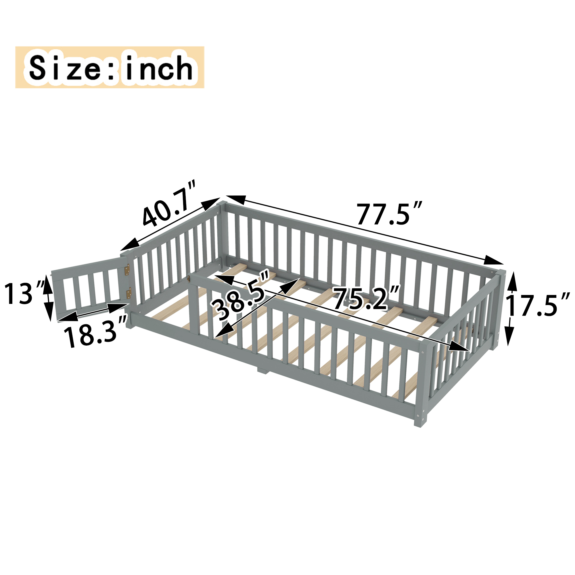 Jopath Twin Size Floor Bed Frame,Montessori Bed with Guardrails and Door,with Slatted Base,for Kids,Boys,Girls,Gray