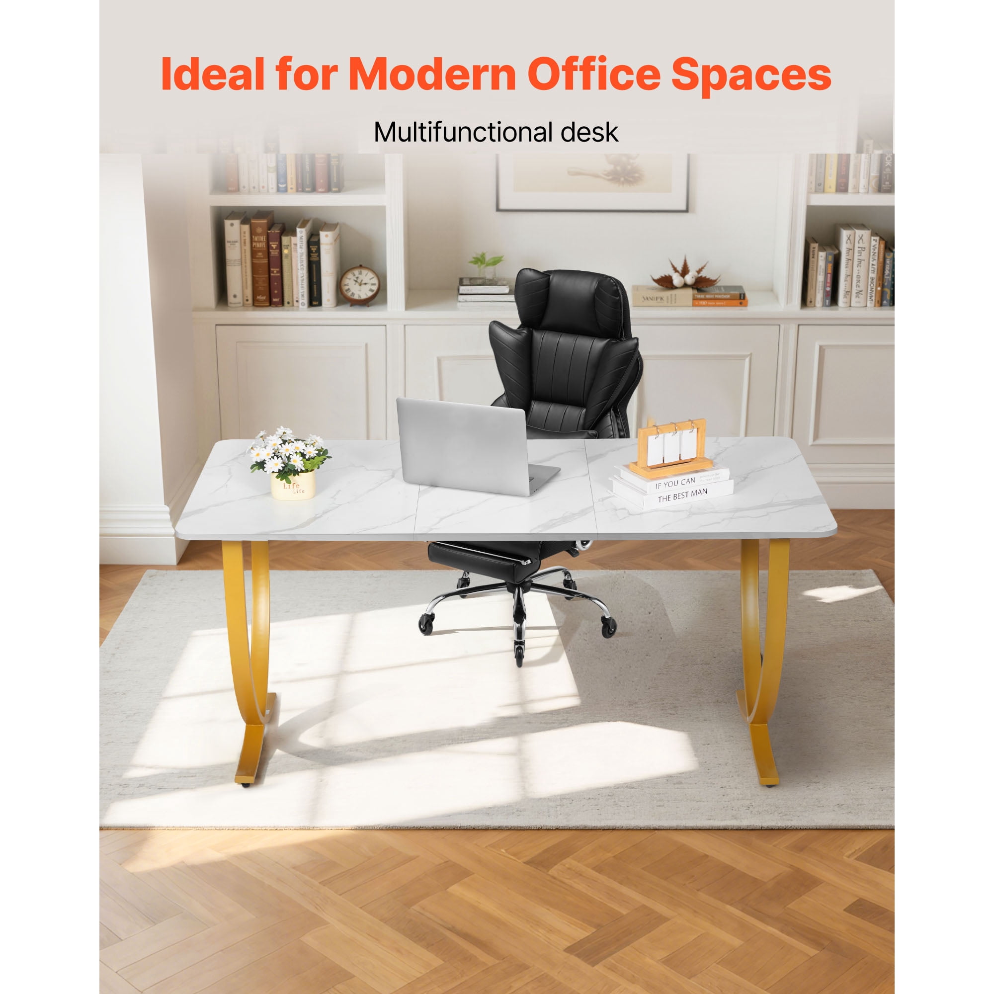 KFFKFF Executive Desk, 63" W x 31.5" D Spacious Office Desk, Contemporary Computer Table for Conference or Workspace, Business Furniture with Expanded Surface for Home or Office, White and Gold