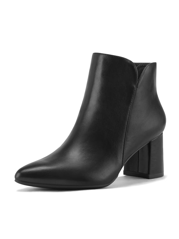 Women's Ankle Boots Chunky Block Low Heel Comfortable Pointed Toe Side V Cutout Dressy Office Booties with Zipper