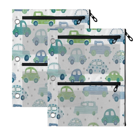 2 Pack 3-Ring Binder Pencil Pouch with Clear PVC Windows Cyan Car Large Capacity Stationery Bag for Classroom Office Supplies