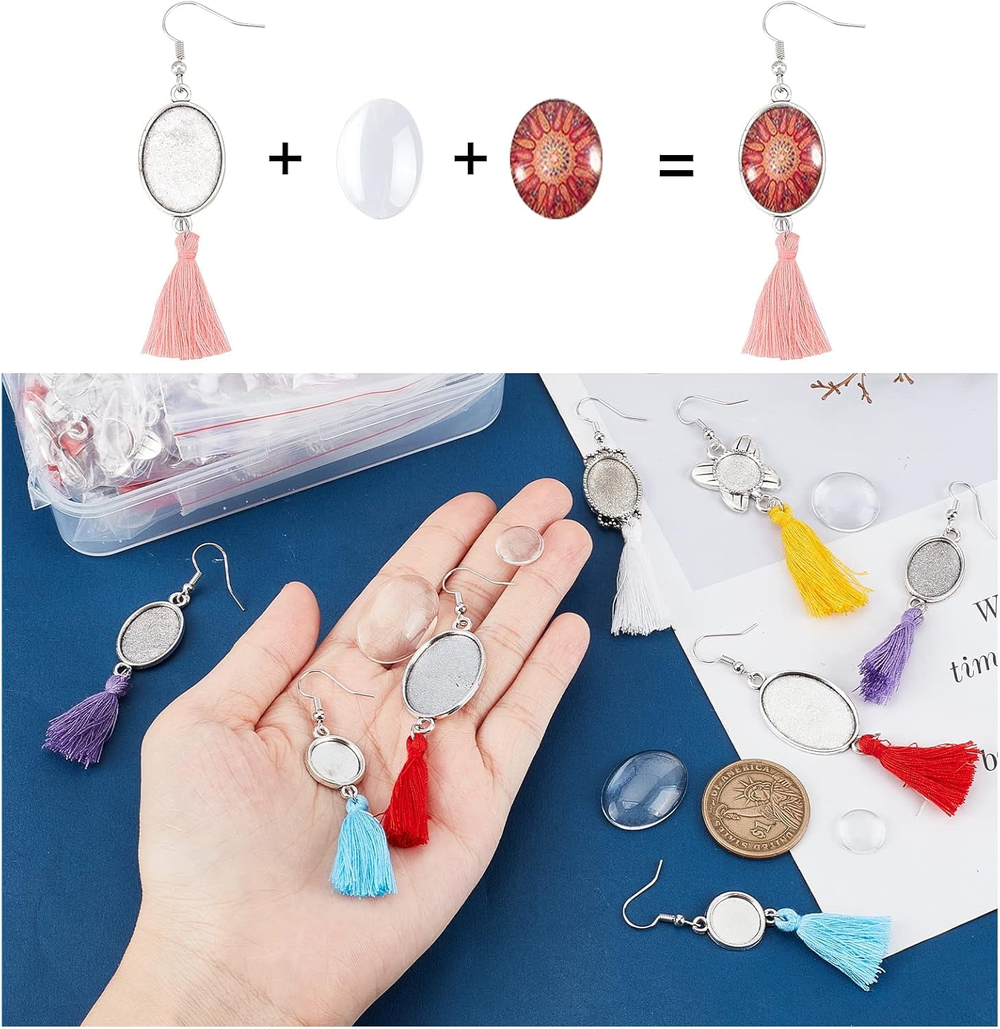 PH 72 Sets Earring Cabochon Setting Blank 6 Styles Earring Bezel Trays Hooks Dangle with Glass Clear Cabochon Tassel Wire Earring for Memorial Photo Pendant Jewelry Making DIY Craft for DIY
