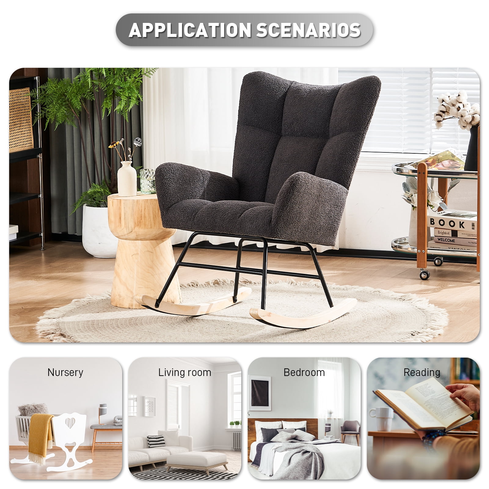 Ouyessir Nursery Rocking Chair Teddy Fabric Upholstered Glider Rocker Comfy Accent Chair with High Backrest for Living Room Bedroom Office(Dark Gray)