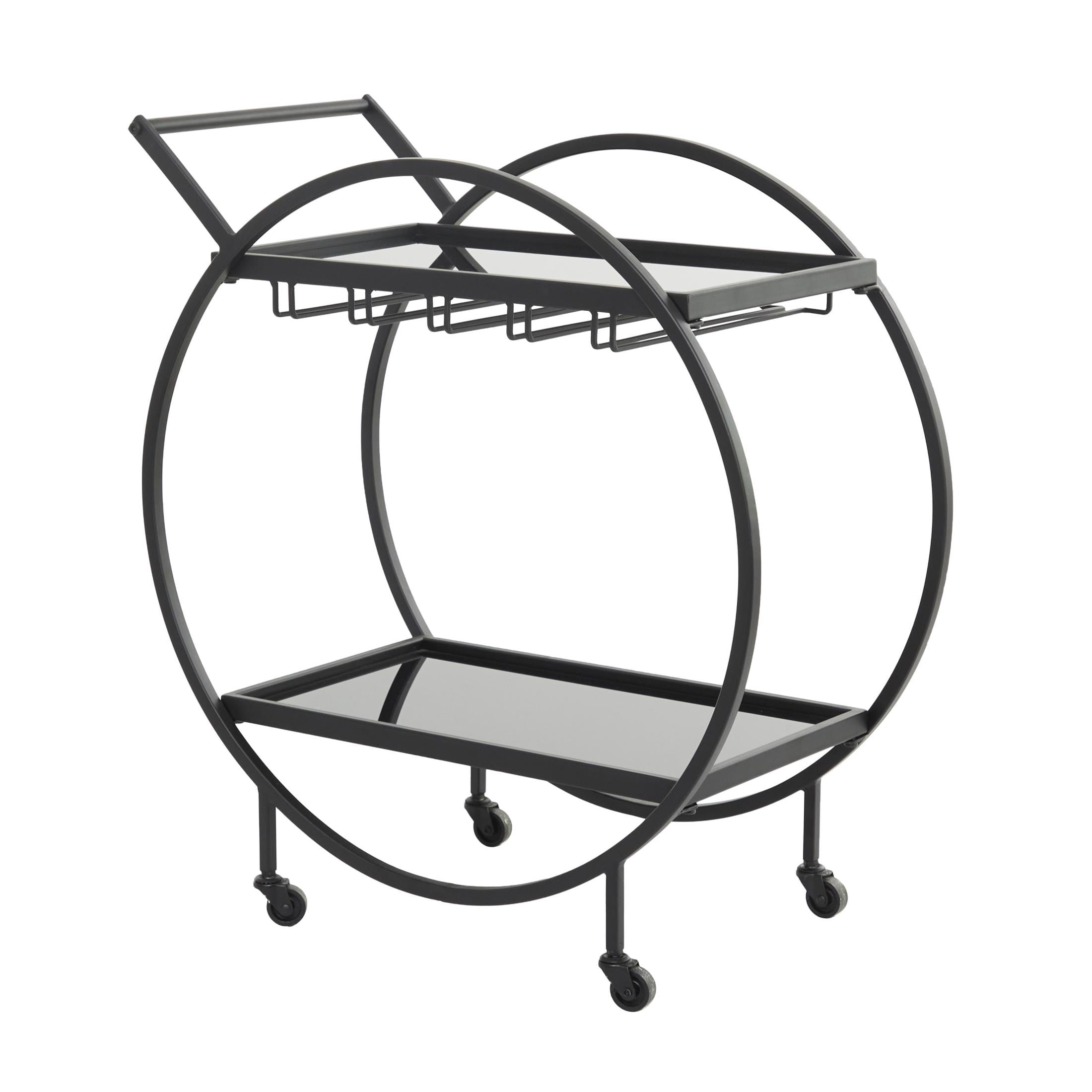 DecMode 28" x 31" Black Metal Rolling 2 Shelf Bar Cart with Wine Glass Storage and Handle, 1-Piece