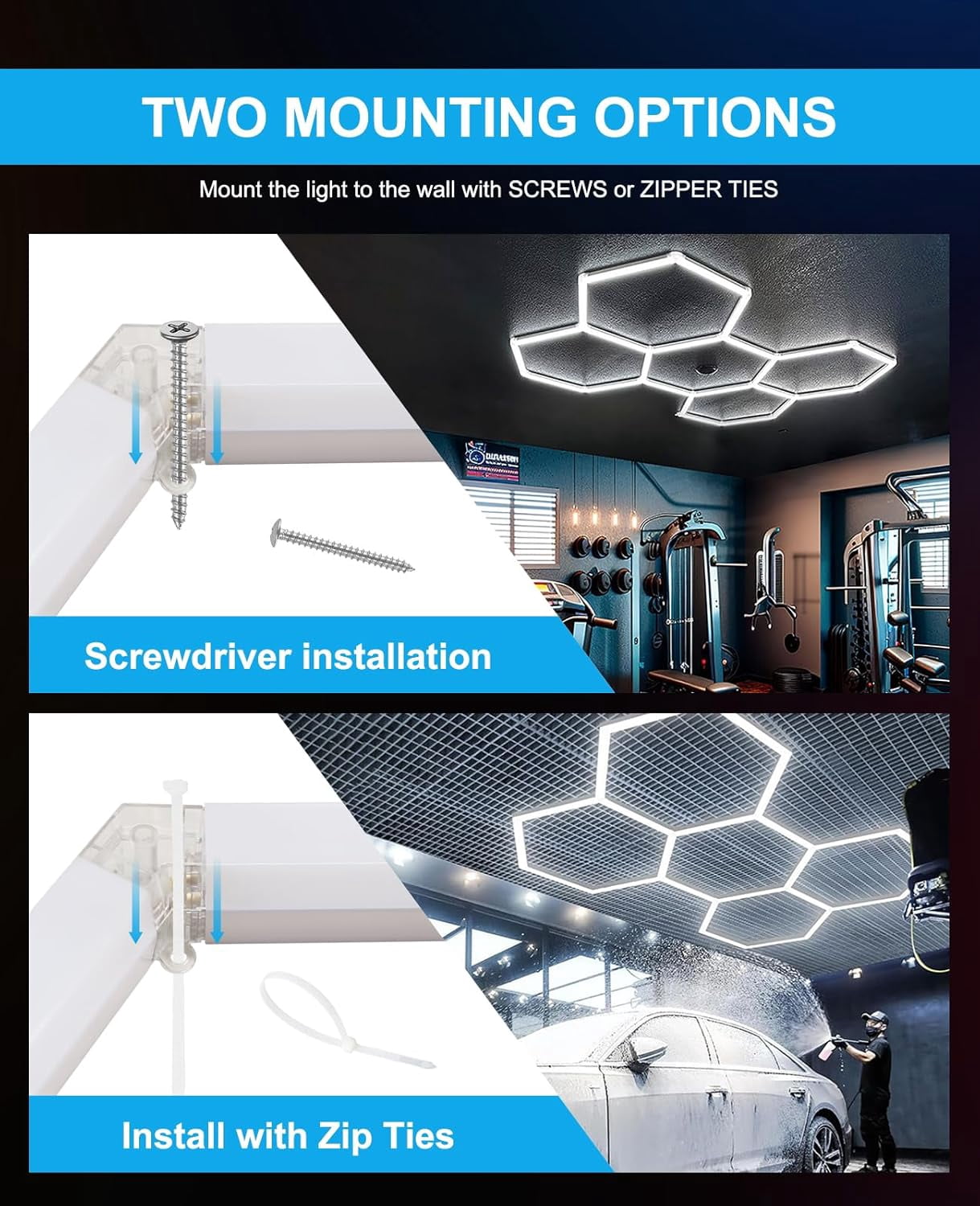 VFM Hexagon LED Garage Light: 25-Pack Updated Bigger Size, 23000LM Super Bright Car Detailing Ceiling LED Shop Light for Warehouse Workshop Gym Basement Car Care Wash Room