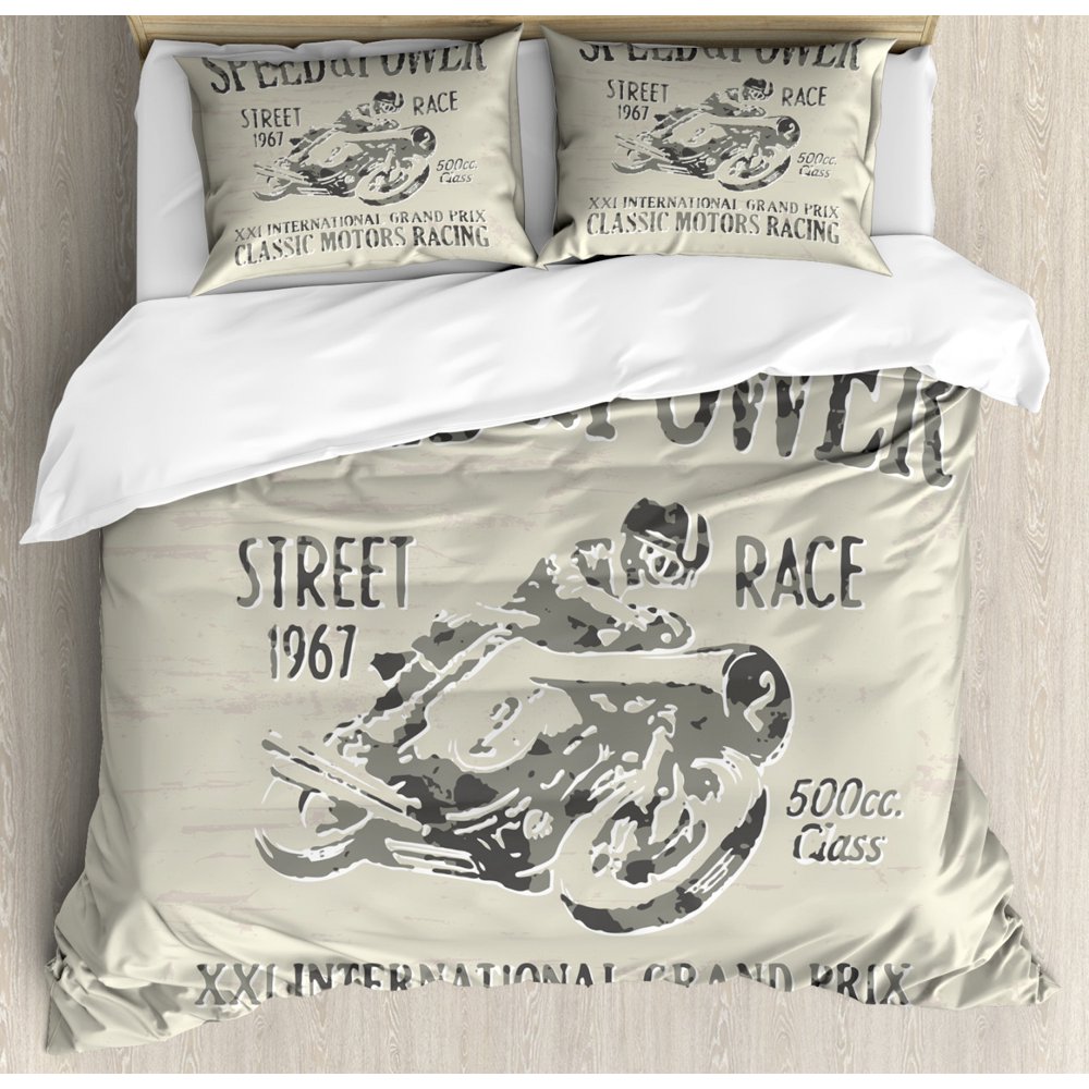 Motorcycle Duvet Cover Set Queen Size, Classic Motorbike with Vintage