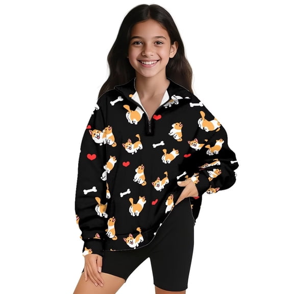 Uorisanigo Kids Girls Sweatshirt Casual Dog Bone Print Long Sleeve Shirts Tops Oversized Quarter Zip Pullover Sweatshirts Teen Girl School Cropped Pullover Hoodies Fall Fashion