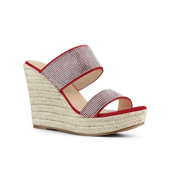 BLISSFUL STEP Platform Rhinestones Dual Strap Espadrille Wedge Sandals for Women Red (Size 8)