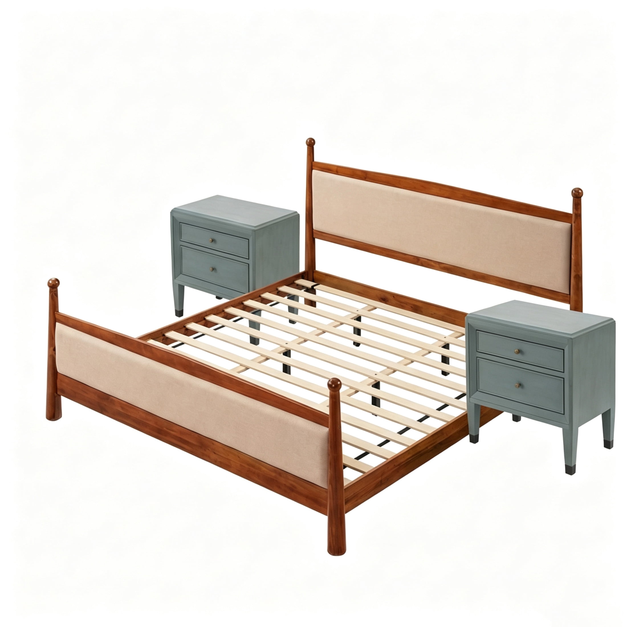 Christopher Knight Home Farmhouse Bedroom Set, King Upholstered Bed and 2 Nightstands, Cherry+Sage Green