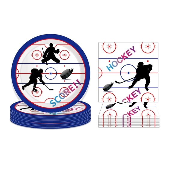 Hockey Party Paper Plates and Napkins for 24 Guests - 64 Pcs Sports Birthday Decoration Set Includes Disposable Dessert Plates and Napkins for Ice Hockey Theme Party