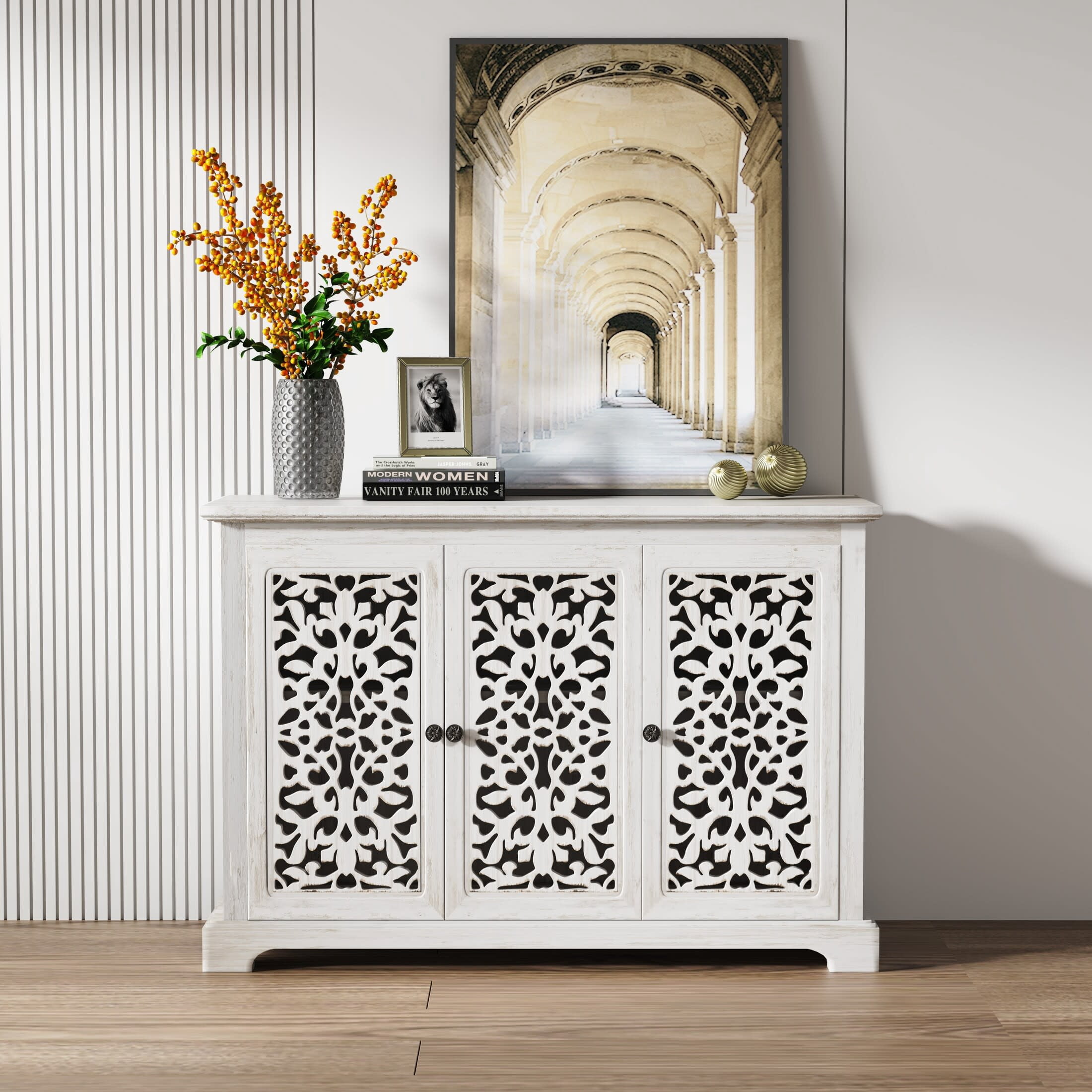 Noble House 43.3" Vintage Sideboard Buffet Cabinet with 3 Carved Doors, Antique White