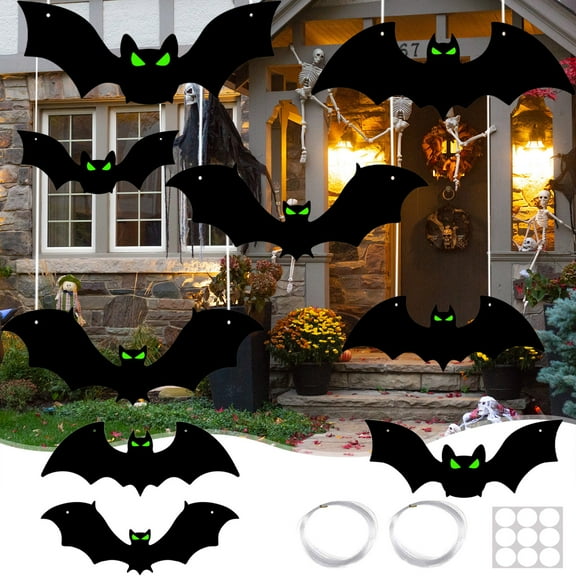 Nmdmisc 9PCS Halloween Hanging Bats Decorations,Plastic Flying Bats with Realistic Scary Glowing Skeleton Bats for Halloween Outdoor Tree Porch Yard Lawn Indoor Decor